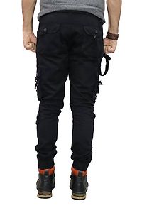 Men's Black Cotton Solid 6 Pocket Cargo Pants-thumb3