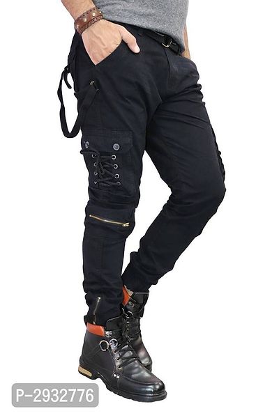 Men's Black Cotton Solid 6 Pocket Cargo Pants-thumb5