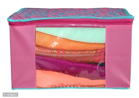 GULAFSHA INDUSTRIES 4 Piece Non Woven Printed Pink Saree Cover Set,Clothes Organiser For Wardrobe Set with Transparent Window And Zipper-thumb3