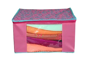 GULAFSHA INDUSTRIES 4 Piece Non Woven Printed Pink Saree Cover Set,Clothes Organiser For Wardrobe Set with Transparent Window And Zipper-thumb1