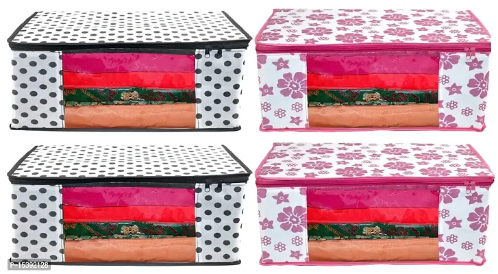 GULAFSHA INDUSTRIES Non Woven Fabric 2 Black Polka + 2 Pink Flower Saree Cover Set with Transparent Window(Pack of 4)