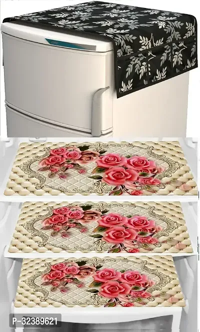 Stylish Kitchen Linen Set Combo Of Exclusive Decorative - 1 Fridge Top Cover And 3 Fridge Mats-thumb0