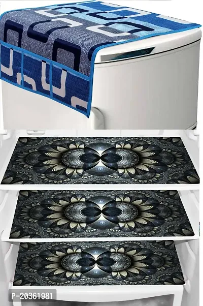 Stylish Polyester Printed Fridge Top Cover with Mats, Combo