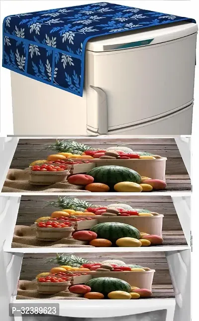 Stylish Kitchen Linen Set Combo Of Exclusive Decorative - 1 Fridge Top Cover And 3 Fridge Mats-thumb0