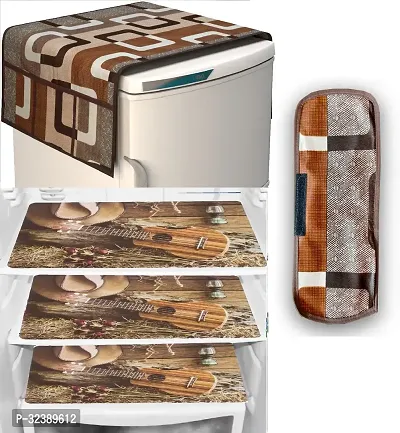 Stylish Kitchen Linen Set Combo Of Exclusive Decorative 1-Fridge Top Cover, 1-Fridge Handle And 3 Fridge Mats