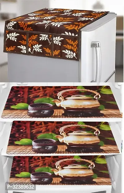 Stylish Kitchen Linen Set Combo Of Exclusive Decorative - 1 Fridge Top Cover And 3 Fridge Mats-thumb0