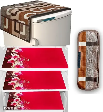 Stylish Kitchen Linen Set Combo Of Exclusive Decorative 1-Fridge Top Cover, 1-Fridge Handle And 3 Fridge Mats-thumb0