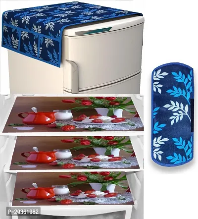 Stylish Polyester Printed Fridge Top Cover with Mats and Handle Cover, Combo