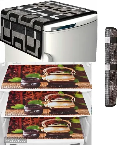 Stylish Kitchen Linen Set Combo Of Exclusive Decorative 1-Fridge Top Cover, 1-Fridge Handle And 3 Fridge Mats-thumb0