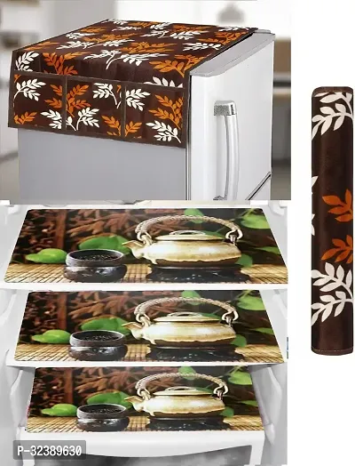 Stylish Kitchen Linen Set Combo Of Exclusive Decorative 1-Fridge Top Cover, 1-Fridge Handle And 3 Fridge Mats-thumb0