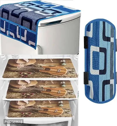 Stylish Kitchen Linen Set Combo Of Exclusive Decorative 1-Fridge Top Cover, 1-Fridge Handle And 3 Fridge Mats-thumb0