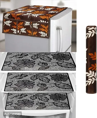 Stylish Kitchen Linen Set Combo Of Exclusive Decorative 1-Fridge Top Cover, 1-Fridge Handle And 3 Fridge Mats-thumb0