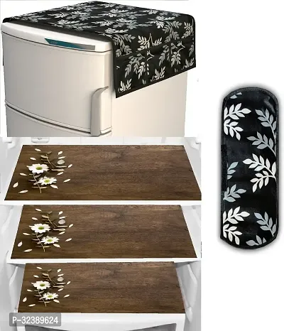 Stylish Kitchen Linen Set Combo Of Exclusive Decorative 1-Fridge Top Cover, 1-Fridge Handle And 3 Fridge Mats-thumb0