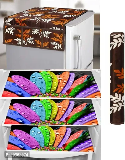 Combo of Kitchen Combo Fridge Top Cover(21 X 39 Inches), Fridge Handle Covers (12 X 6 Inches)Fridge Mats (11 X 17 Inches),  (Black Leaf 42)