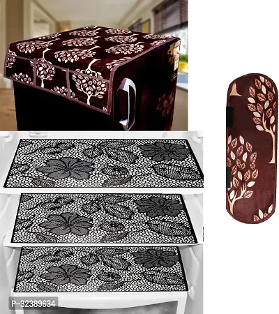 Stylish Kitchen Linen Set Combo Of Exclusive Decorative 1-Fridge Top Cover, 1-Fridge Handle And 3 Fridge Mats