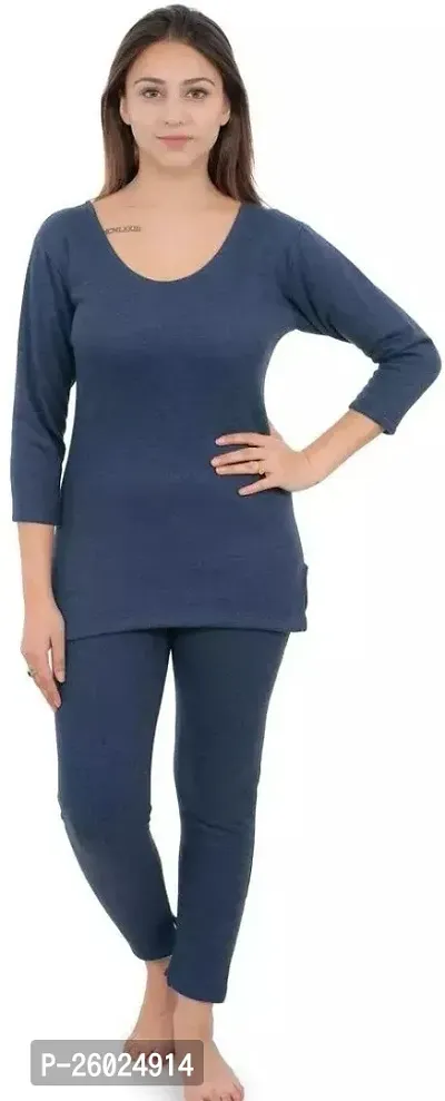 Stylish Blue Cotton Solid Thermal Set For Women