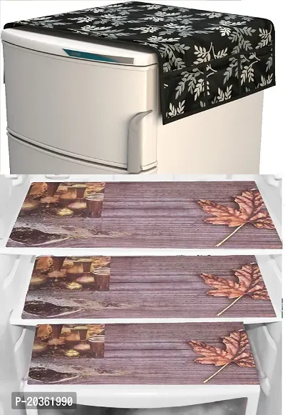 Stylish Polyester Printed Fridge Top Cover with Mats, Combo