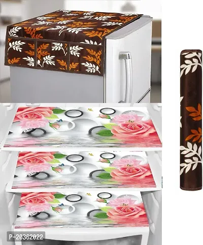 Stylish Printed Polyester Fridge Top Cover with Mat and Handle Cover, Combo-thumb0