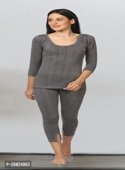 Stylish Grey Cotton Solid Thermal Set For Women-thumb0