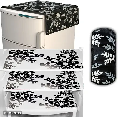 Stylish Kitchen Linen Set Combo Of Exclusive Decorative 1-Fridge Top Cover, 1-Fridge Handle And 3 Fridge Mats-thumb0