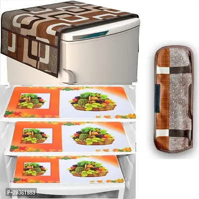 Stylish Polyester Printed Fridge Top Cover with Mats and Handle Cover, Combo