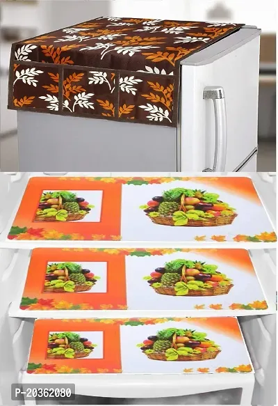 Combo of Kitchen Combo Fridge Top Cover(21 X 39 Inches), Fridge Handle Covers (12 X 6 Inches)Fridge Mats (11 X 17 Inches),  (Black Leaf 42)-thumb0