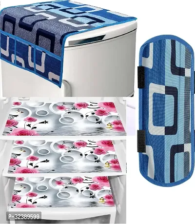 Stylish Kitchen Linen Set Combo Of Exclusive Decorative 1-Fridge Top Cover, 1-Fridge Handle And 3 Fridge Mats-thumb0