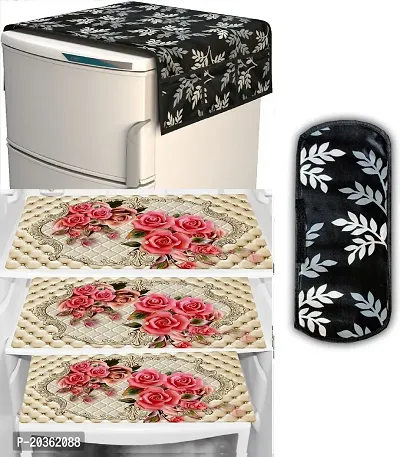 Combo of Kitchen Combo Fridge Top Cover(21 X 39 Inches), Fridge Handle Covers (12 X 6 Inches)Fridge Mats (11 X 17 Inches),  (Black Leaf 42)-thumb0