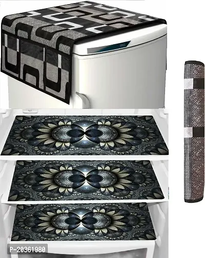 Stylish Polyester Printed Fridge Top Cover with Mats and Handle Cover, Combo