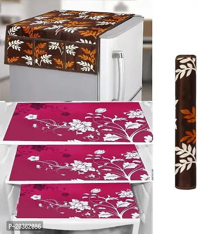 Combo of Kitchen Combo Fridge Top Cover(21 X 39 Inches), Fridge Handle Covers (12 X 6 Inches)Fridge Mats (11 X 17 Inches),  (Black Leaf 42)-thumb0