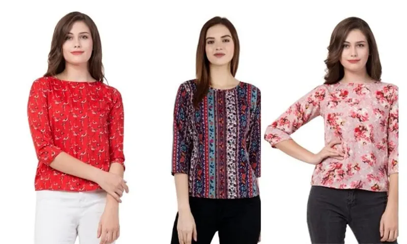 Combo Set of 3 Crepe T-Shirt Top for Women ,170 gsm with Bio Wash