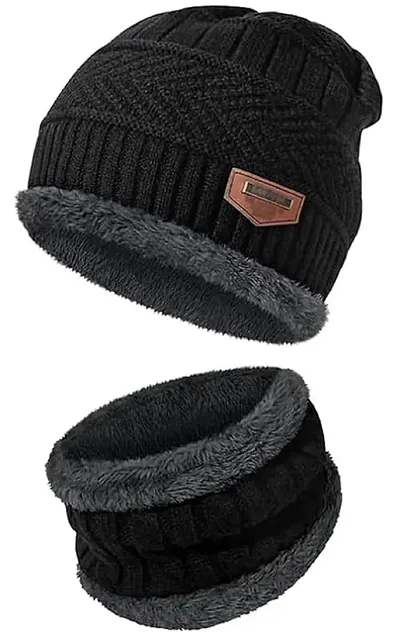 18_2N2 Unisex Winter Woolen Cap Neck Scarf and Warm Cap Set Black
