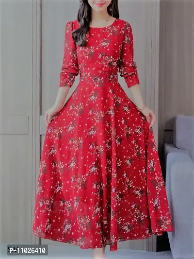 Red Flowers Printed Designer Long Dress-thumb0