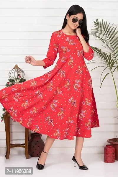 Women Crepe  Floral Prints  A-Line Long Dress - Flared, Floral Maxi Dress For Women With Full Sleeves And Round Neck