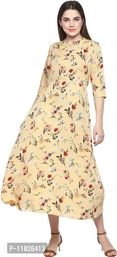 Women Crepe  Floral Prints  A-Line Long Dress - Flared, Floral Midi Dress For Women With Full Sleeves And Mandarin Neck
