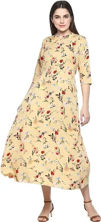 Women Crepe Floral Prints A-Line Long Dress - Flared, Floral Midi Dress For Women With Full Sleeves And Mandarin Neck