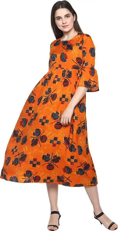 Women Crepe Floral Prints A-Line Long Dress - Flared, Floral Midi Dress For Women With Full Sleeves And Mandarin Neck