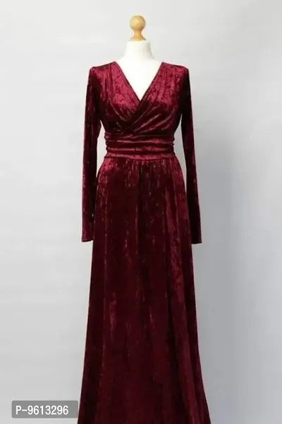 V-Neck Long Velvet Dress For Women-thumb0