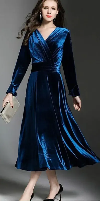 Velvet Solid V-Neck Long Sleeves Dresses For Women