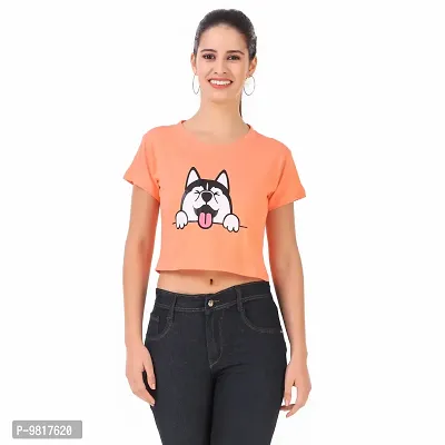 Trendy Cotton Peach (Dog) Printed Short Sleeves Crop Length Top For Women