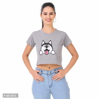 Trendy Cotton Grey (Dog)Printed Short Sleeves Crop Length Top For Women-thumb0