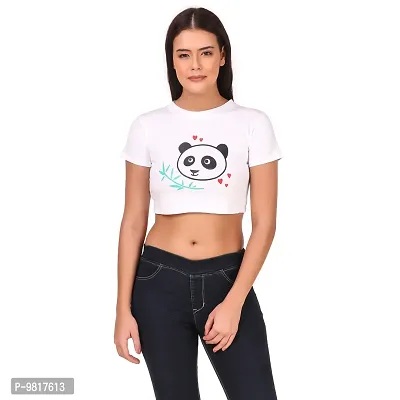 Trendy Cotton White Grass Panda) Printed Short Sleeves Crop Length Top For Women-thumb0