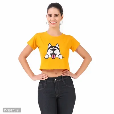 Trendy Cotton Orange (Dog) Printed Short Sleeves Crop Length Top For Women