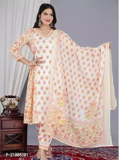 Elegant Straight Orange Printed Cotton Kurta with Pant And Dupatta Set For Women-thumb0