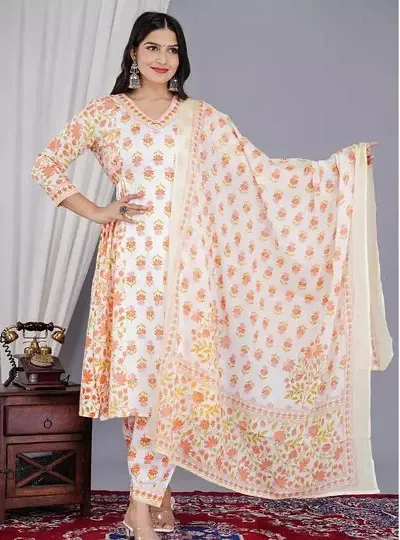 Elegant Straight Printed Cotton Kurta with Pant And Dupatta Set For Women