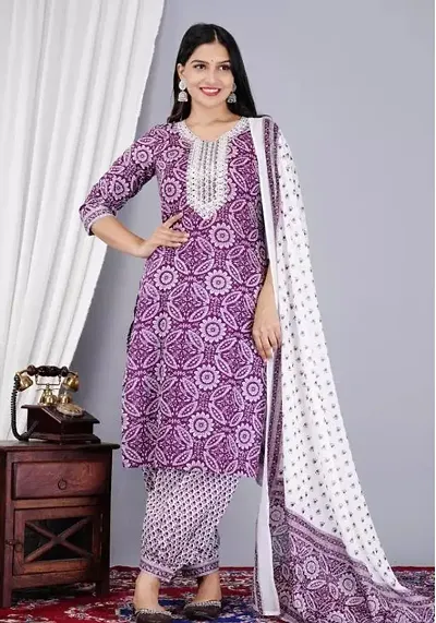 Elegant Straight Printed Cotton Kurta with Pant And Dupatta Set For Women
