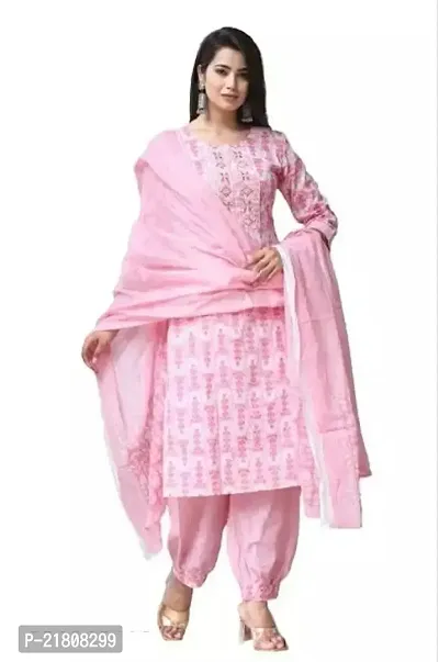 Elegant Straight Pink Printed Cotton Kurta with Pant And Dupatta Set For Women