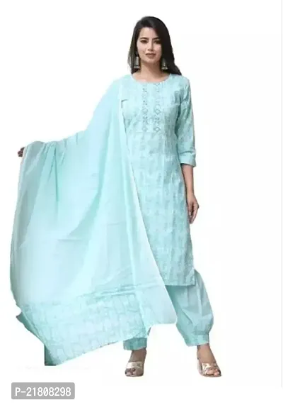 Elegant Straight Blue Printed Cotton Kurta with Pant And Dupatta Set For Women-thumb0