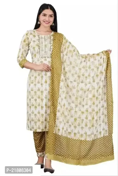 Elegant Straight Yellow Printed Cotton Kurta with Pant And Dupatta Set For Women-thumb0