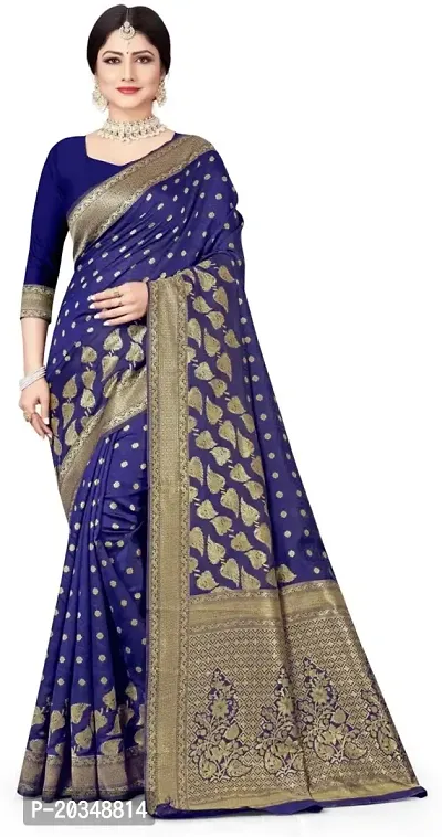 Mahakay Women's Banarasi Synthetic Art Silk Saree with Unstitched Blouse Piece - Zari Woven Work Sarees for Wedding Wear, Party Wear (Blue)-thumb0